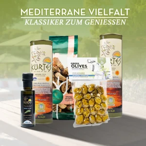 Kretas mediterrane Vielfalt, ein Set aus Olivenöl, gereiftem Olivenöl, grünen Oliven mit Kräutern Paximadi und einem aromatisierten Olivenöl.