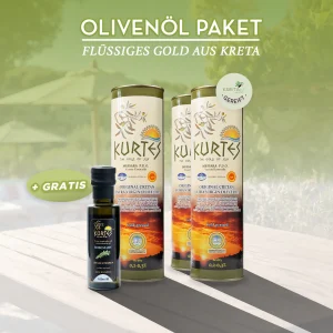 Kreta Olivenöl Paket bestehend aus 2 x 1 l gereiftes Olivenöl 1 x 1 l extra natives Olivenöl und einem gratis extra nativen Olivenöl mit Aroma